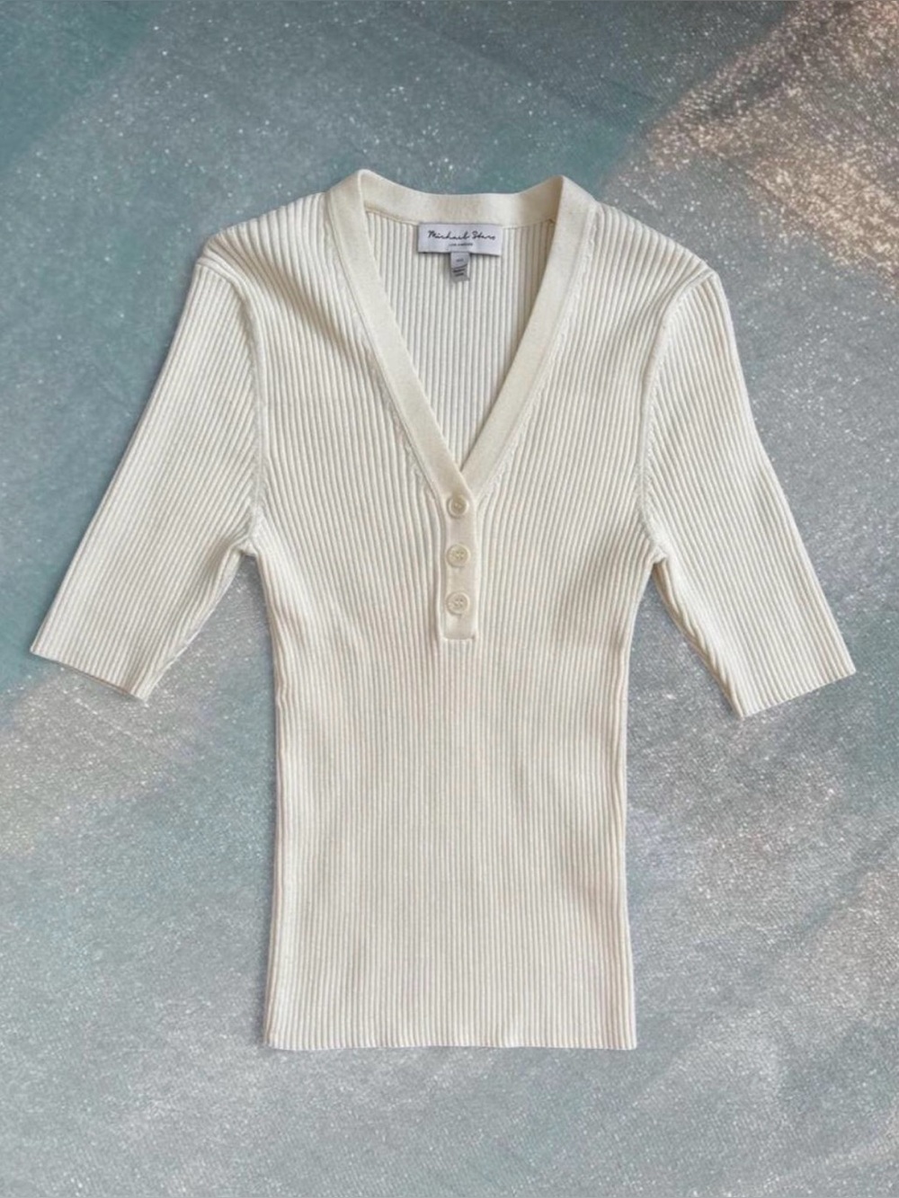 Michael Stars Ivory Ribbed Cropped Sleeve Sweater Top V Neck Preppy Premium Soft